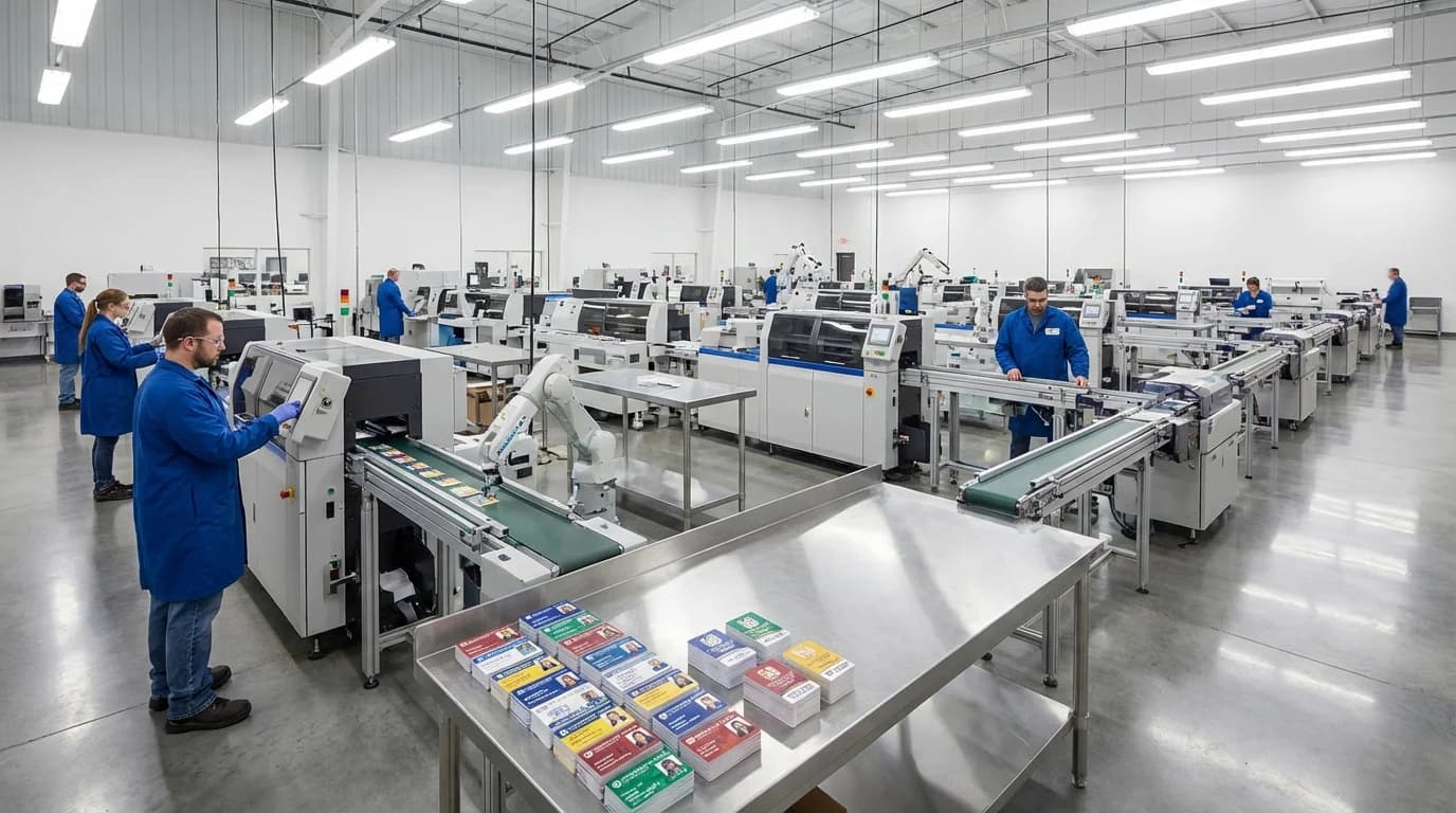 Modern RFID card manufacturing facility with precision printing equipment